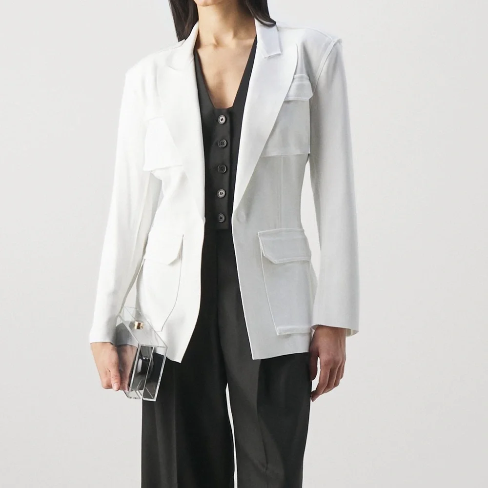 Norma Kamali Single Breasted Scuba Cargo Blazer, white, size S - Picture 5 of 15